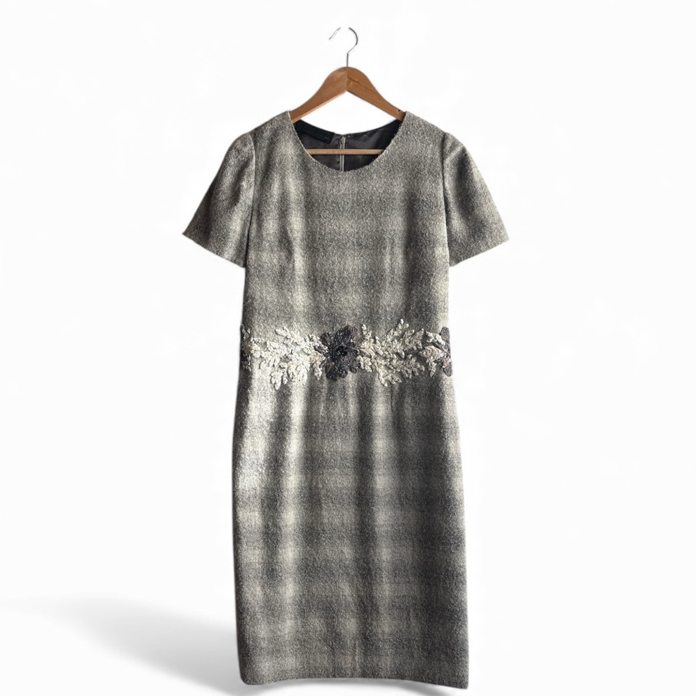 Peggy Jennings Vintage Gray Plaid Floral Embellished Dress